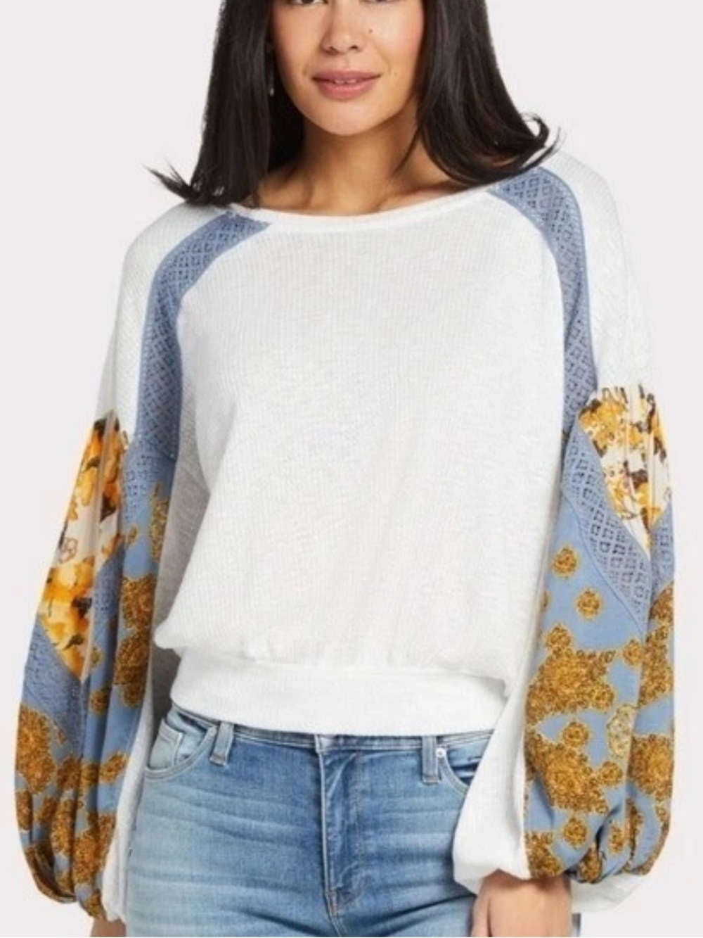 Free People White & Blue and Gold Accent Balloon Sleeve top size XD